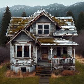 Worn-down Wenatchee home with visible exterior damage and overgrown yard, set against Cascade foothills