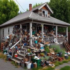 Exterior of a cluttered Wenatchee home with overflowing porch items and an overgrown yard