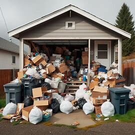 Wenatchee house exterior with overflowing garage and trash bags stacked beside the driveway