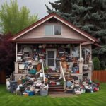 Wenatchee house with overflowing items on the front porch, signs of clutter through the windows