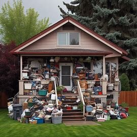 Wenatchee house with overflowing items on the front porch, signs of clutter through the windows