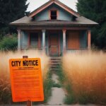 Wenatchee home with boarded windows, overgrown yard, and a city code violation notice on the front door
