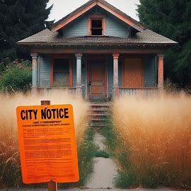 Wenatchee home with boarded windows, overgrown yard, and a city code violation notice on the front door