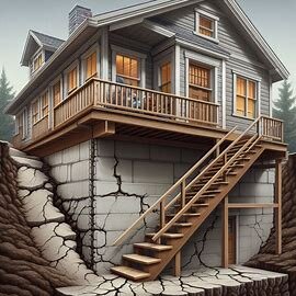 Wenatchee home with visible cracks in the exterior foundation wall and sloping porch steps