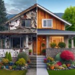 Side-by-side view of a Wenatchee house showing one half with peeling paint and repairs needed, and the other freshly renovated