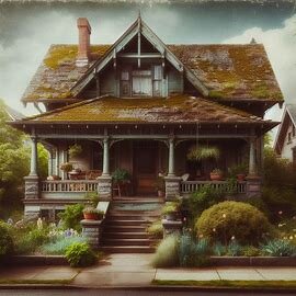 Wenatchee house with older architecture and a yard filled with overgrown shrubs and fallen leaves