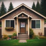 Modest Wenatchee home with a foreclosure notice posted on the front door, viewed from the sidewalk