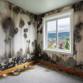 Wenatchee home with visible mold along the base of interior drywall near a window