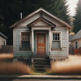Vacant Wenatchee house with boarded windows and overgrown front yard