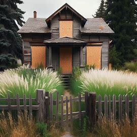 Vacant house in Wenatchee with boarded windows, overgrown yard, and a damaged fence