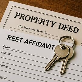 Close-up of a property deed, REET affidavit form, and house keys, representing the filing process.
