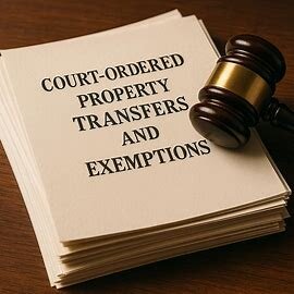 A stack of legal documents with a judge’s gavel, representing court-ordered property transfers and exemptions.