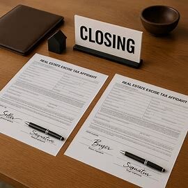 A closing table setup with signed documents and pens, symbolizing escrow officers handling REET payments.