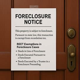 A foreclosure notice posted on the door of a residential property, illustrating REET exemptions in foreclosure cases.