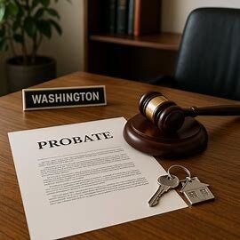 Washington probate court papers beside a gavel and house keys