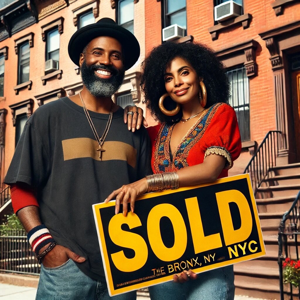 Happy couple sells their Bronx home fast, holding a ‘SOLD’ sign in front of a brick townhouse, showcasing a quick and easy home sale process.