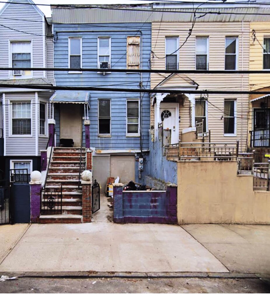 Distressed attached row houses in Belmont Bronx with deferred maintenance and wood siding — 718Homebuyers buys houses like these fast for cash as-is