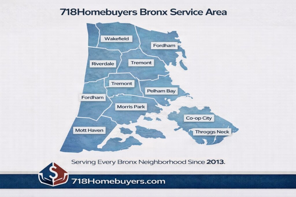 Map of Bronx neighborhoods served by 718Homebuyers (cash home buyer since 2013)