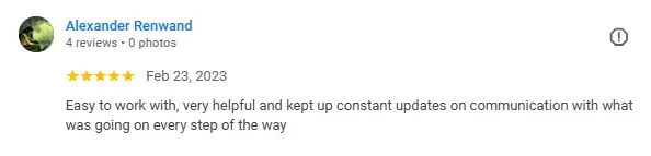 "Five-star review from Alexander Renwand praising Manuel for being easy to work with, helpful, and providing constant updates throughout the process."