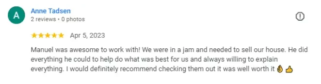 "Five-star review from Anne Tadsen praising Manuel for his support and dedication in helping her sell her home quickly and efficiently."