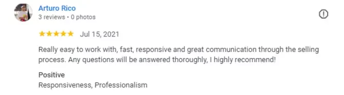 "Five-star review from Arturo Rico commending Manuel for his responsiveness, professionalism, and excellent communication during the home-selling process."
