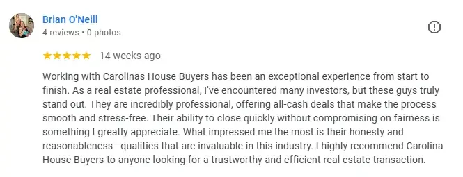 "Five-star review from Brian O'Neill highlighting Carolinas House Buyers' professionalism, all-cash offers, and ability to close real estate transactions quickly and fairly."