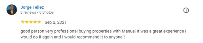 "Five-star review from Jorge Tellez praising Manuel for his professionalism and a great experience in buying properties."