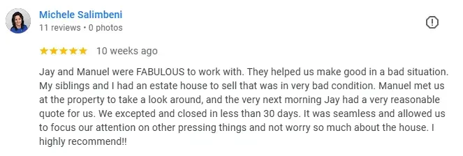 "Five-star review from Michele Salimbeni praising Jay and Manuel for their seamless process in helping sell an estate house quickly and efficiently in the Carolinas."