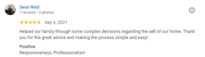 "Five-star review from Sean Reid praising Manuel for helping his family with complex decisions during the home-selling process and making it simple and easy."