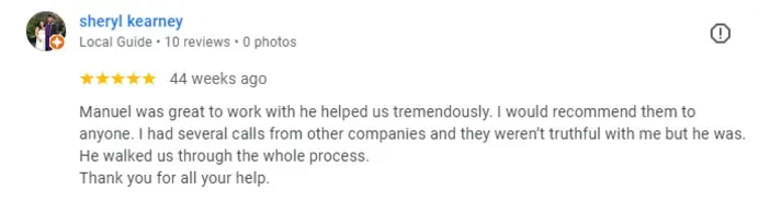 "Five-star review from Sheryl Kearney praising Manuel for his honesty, reliability, and guidance through the entire home-selling process."