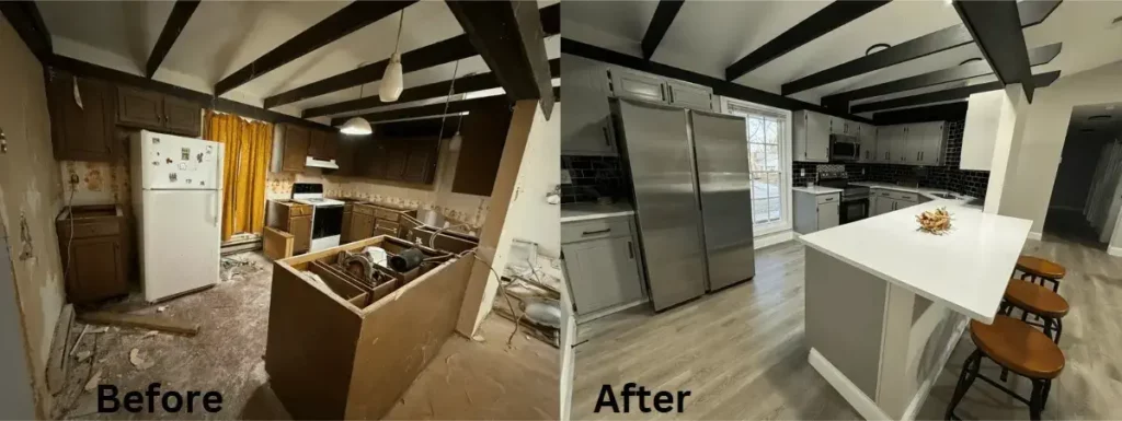 Kitchen before and after transformation of a distressed house purchased and renovated by Carolinas House Buyers in , .