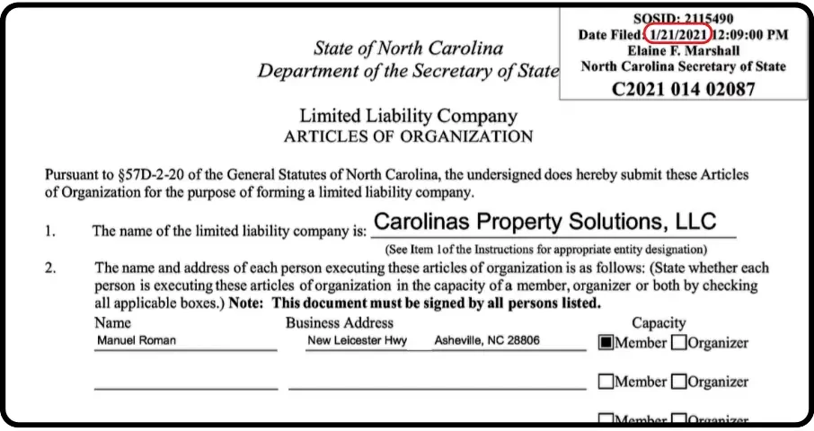 Articles of Organization for Carolinas Property Solutions, LLC, doing business as Carolinas House Buyers.