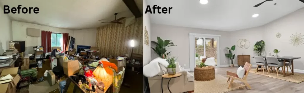 Before and after comparison of a home purchased by Carolinas House Buyers, as is for cash then showcasing the cluttered and outdated to modern and inviting living space,