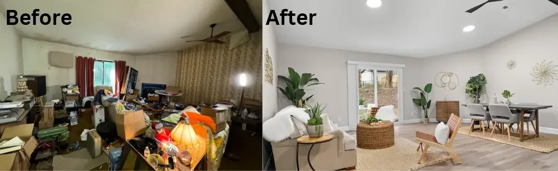 Before and after comparison of a home purchased by Carolinas House Buyers, as is for cash then showcasing the cluttered and outdated to modern and inviting living space,