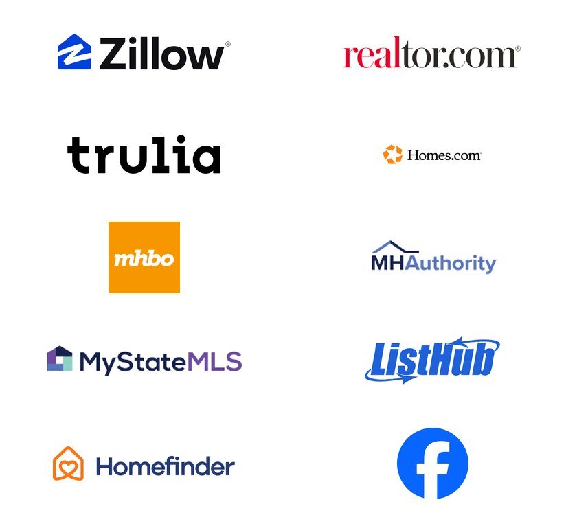 Zillow, Realtor.com, Trulia, Homes.com, MHBO, MH Authority, My State MLS, ListHub, Homefinder and Facebook Marketplace, where Florida Mobile Home Solutions syndicates every listing