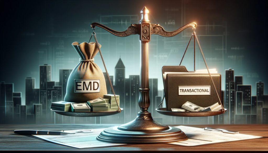 Photo-realistic image showing a balance scale with one side holding a bag labeled 'EMD' (Earnest Money Deposits) and the other a folder labeled 'Transactional Funding'. In the background, there's a silhouette of a city skyline, symbolizing the real estate market. The image conveys the concept of weighing financial options in real estate wholesaling."