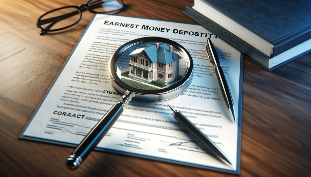 Photorealistic image of a real estate contract with a magnifying glass highlighting key terms, placed on a wooden desk. The magnifying glass focuses on clauses related to EMD, symbolizing the importance of understanding contractual details in real estate transactions