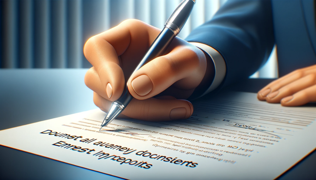 Photorealistic image showing a hand holding a pen over a document, poised to sign or annotate. This represents meticulous record-keeping in real estate transactions, emphasizing the importance of documenting all aspects related to Earnest Money Deposits (EMD).