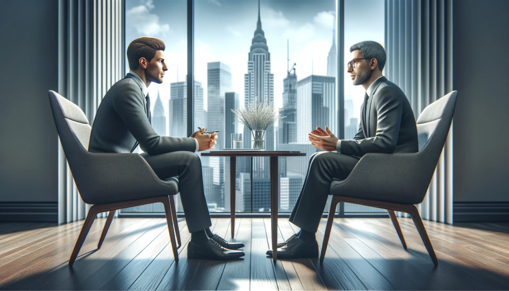 Photorealistic illustration of a professional interview setting, showing two individuals, a representative of Foresight Properties and Jonathan Morales, in a modern office. They are engaged in a deep discussion with a city skyline in the background, symbolizing the real estate focus of their conversation.