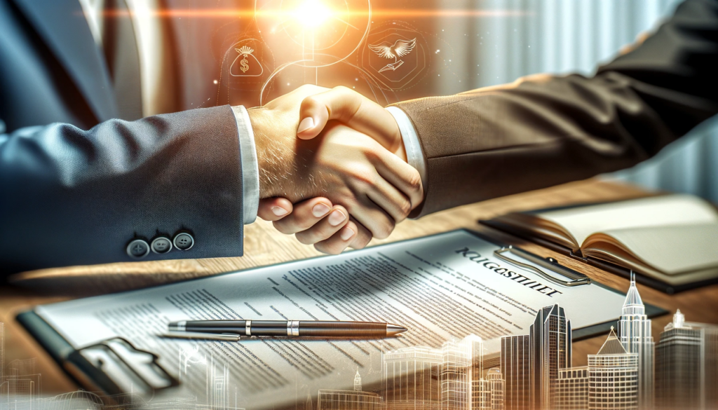Photorealistic image capturing a handshake between two professionals, representing a successful joint venture in real estate transactional funding. The background subtly includes elements of real estate, like property outlines and contract papers, emphasizing trust and collaboration in real estate deals.
