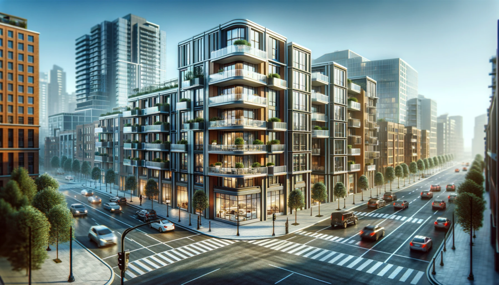 Photorealistic illustration of a modern multi-unit property in a bustling downtown area. The building features an attractive, contemporary design, set against an urban environment, symbolizing its potential as a lucrative investment in the heart of the city.