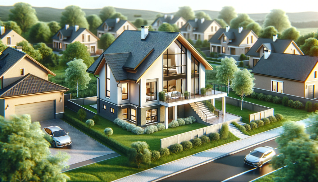 Photorealistic image of an elegant, newly renovated single-family home in a suburban neighborhood. Surrounded by greenery and peaceful settings, the house epitomizes the potential for a quick and profitable flip in the real estate market, attractive to potential buyers.