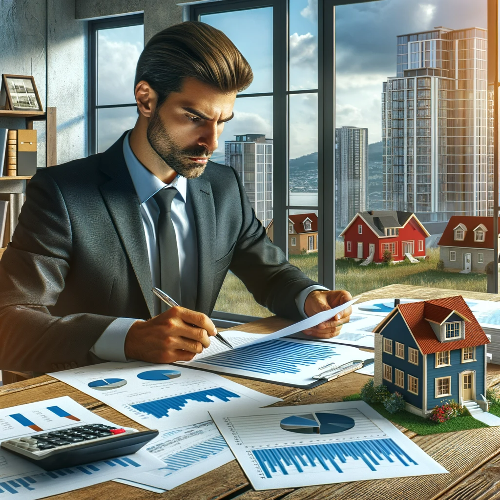 Investor reviewing transactional funding documents in an office, with property images and financial charts on the desk