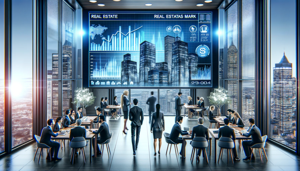 Photorealistic image of a bustling real estate office with agents engaged in discussions about market trends, symbolizing the growing popularity of real estate wholesaling in 2024. The modern office environment features digital screens displaying real estate market data and graphs, highlighting the technological advancements in the industry.