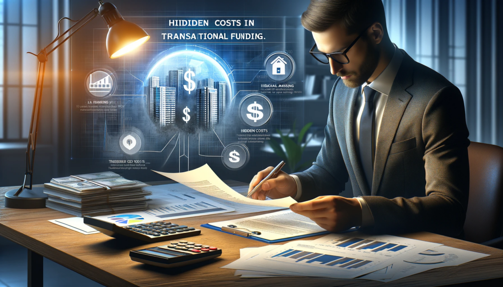 Photorealistic image of a real estate wholesaler meticulously reviewing a financial document in a modern office. The desk features a detailed document, a calculator, and financial charts in the background, symbolizing the careful analysis of hidden costs in transactional funding