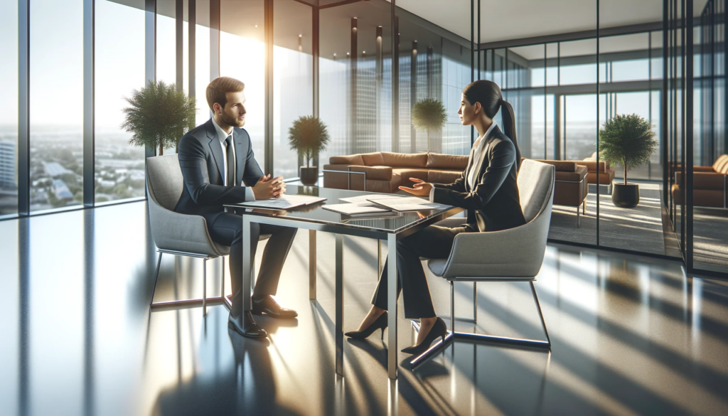 Photorealistic image of a real estate professional and a client engaged in a conversation in a modern office setting, discussing transactional funding. The focus is on the two individuals, highlighting their professional interaction in an elegantly furnished office, devoid of any visible text, documents, or alphanumeric characters, emphasizing the personalized and professional nature of the consultation