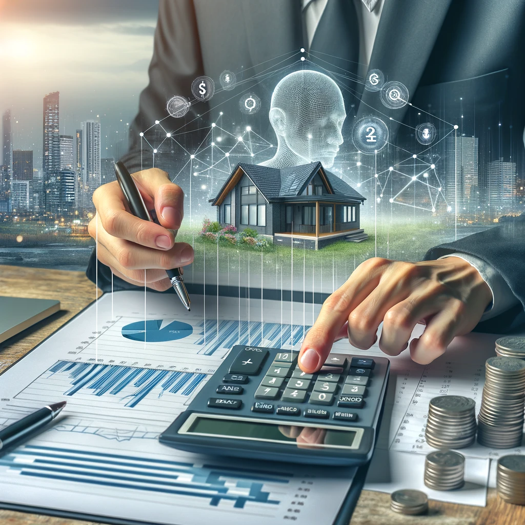 Real estate investor analyzing a property for transactional funding potential, with a property, financial graphs, and a calculator in the background