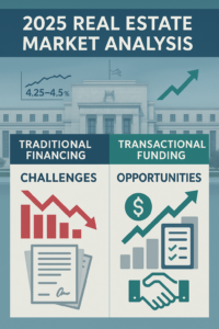 Professional infographic titled '2025 Real Estate Market Analysis' showing a split design. The left side, labeled 'Traditional Financing - Challenges,' displays red downward arrows and paperwork icons. The right side, labeled 'Transactional Funding - Opportunities,' shows green upward arrows, dollar signs, checklists, and a handshake icon. The background features the Federal Reserve building with an interest rate chart showing 4.25–4.5%. The design uses a blue and green color scheme and a clean, financial dashboard style.