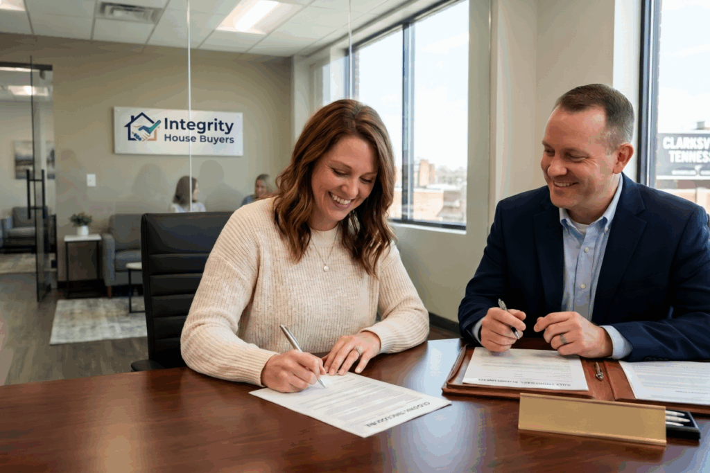 A smiling homeowner signing closing documents at a title company in Clarksville Tennessee with a real estate consultant across the table, representing a quick cash home sale