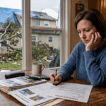A homeowner sitting at a kitchen table in Clarksville Tennessee reviewing storm damage insurance documents alongside a cash offer letter, showing a difficult decision-making process